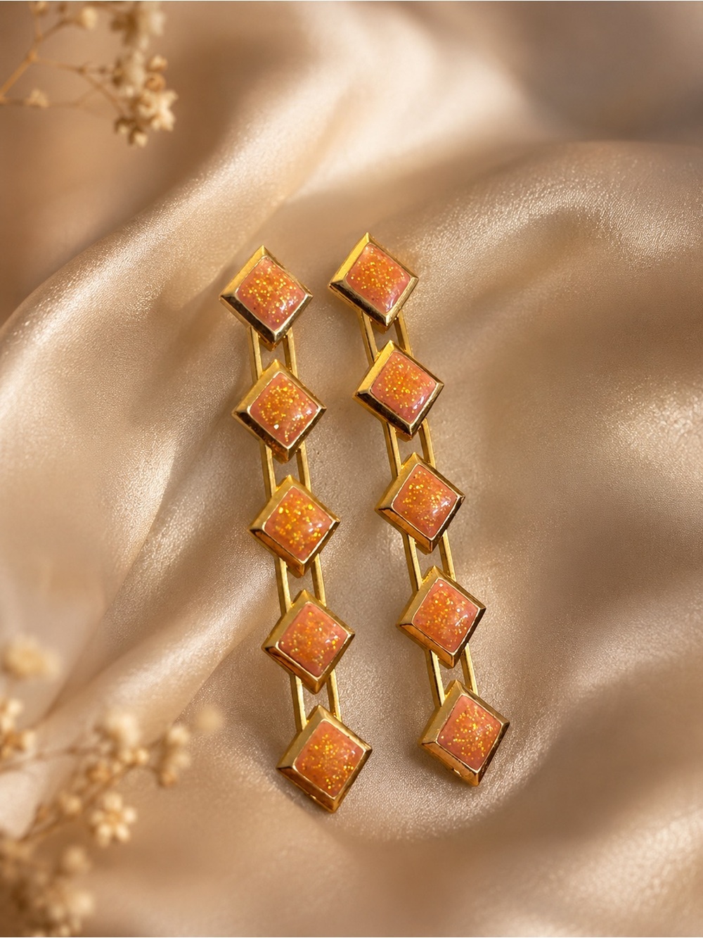 BEVERLY HAMBURG | Gold-Tone Orange Glitter Square Enamel Peg Earrings
